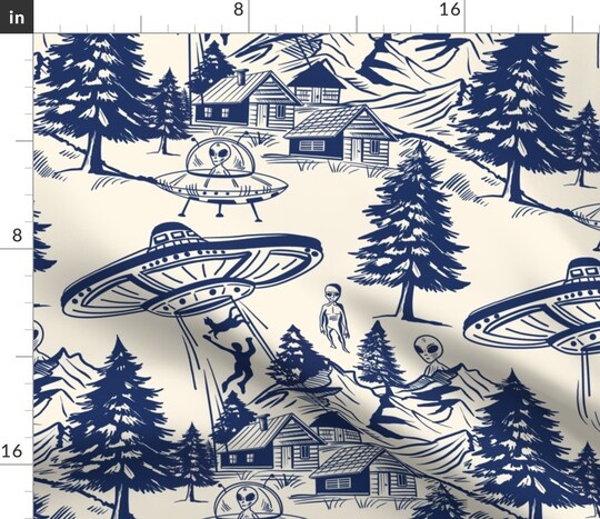 Toile Spaceships Mountains Aliens Trees De Jouy Custom Printed Fabric by Spoonflower Various Fabrics by the Yard or Fat Quarter